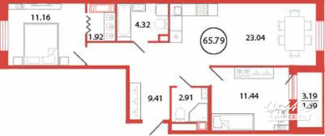 2-к квартира, 65.79 м², этаж 7/12 Бугры - изображение 3