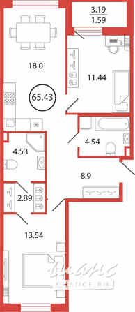 2-к квартира, 65.43 м², этаж 2/12 Бугры - изображение 3