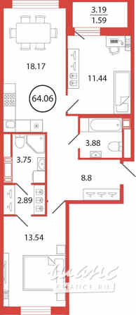 2-к квартира, 64.06 м², этаж 4/12 Бугры - изображение 3