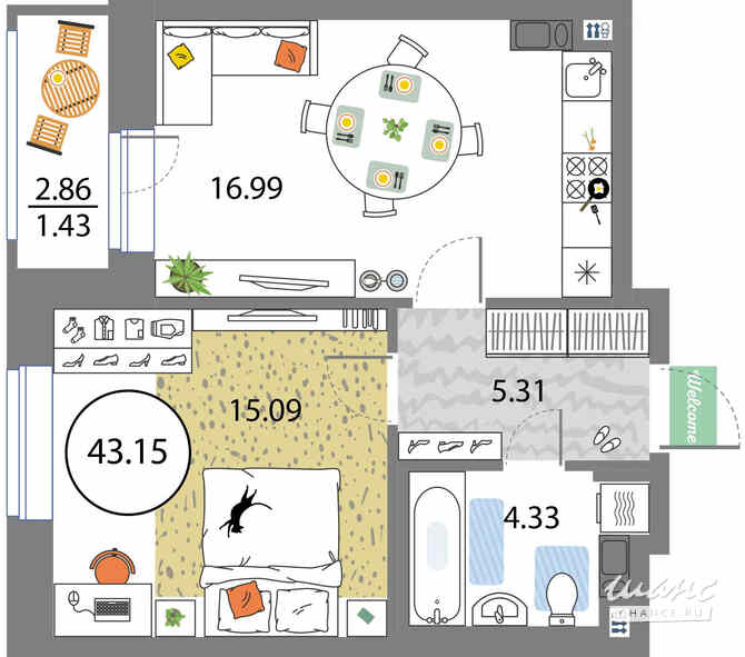 1-к квартира, 43.15 м², этаж 7/12 Санкт-Петербург - изображение 3