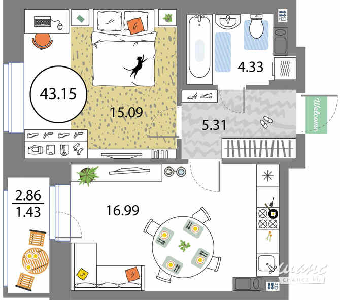 1-к квартира, 43.15 м², этаж 7/12 Санкт-Петербург - изображение 3