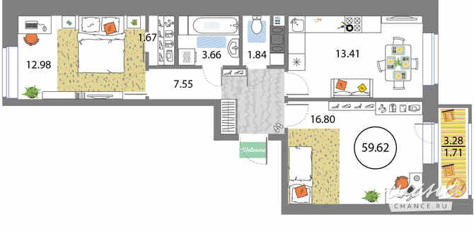 2-к квартира, 59.62 м², этаж 4/12 Санкт-Петербург - изображение 3