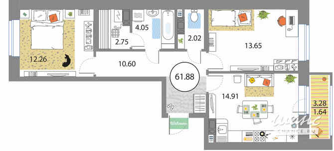 2-к квартира, 61.88 м², этаж 6/12 Санкт-Петербург - изображение 3