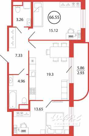 2-к квартира, 66.55 м², этаж 2/12 Бугры - изображение 3