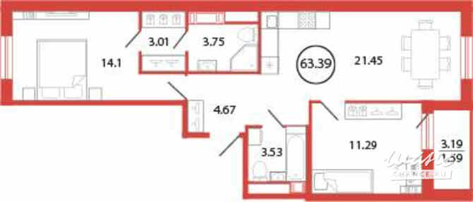 2-к квартира, 63.39 м², этаж 10/12 Бугры - изображение 3