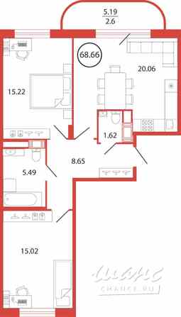 2-к квартира, 68.66 м², этаж 2/12 Бугры - изображение 3