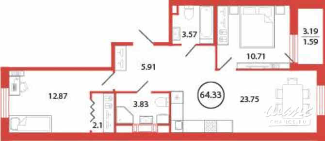 2-к квартира, 64.33 м², этаж 3/12 Бугры - изображение 3