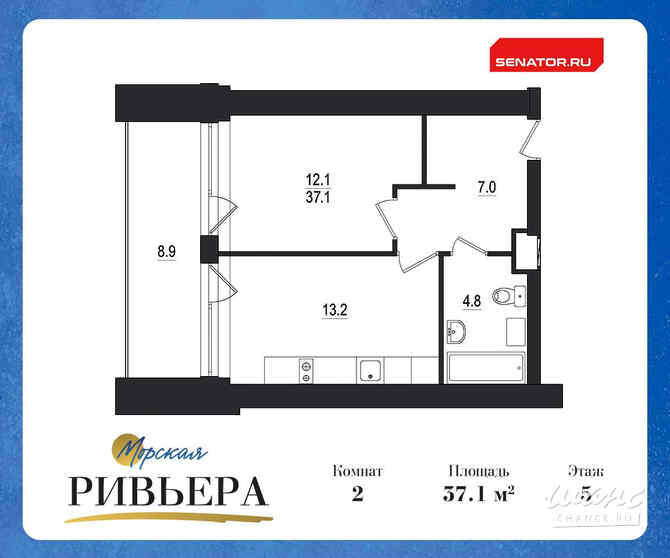 2-к квартира, 46 м², этаж 5/12 Зеленогорск - изображение 1