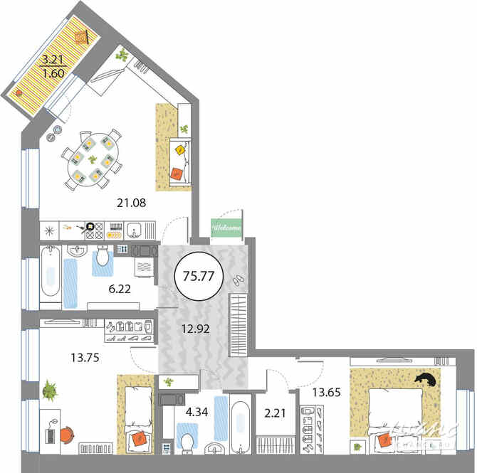 2-к квартира, 75.77 м², этаж 6/12 Санкт-Петербург - изображение 3