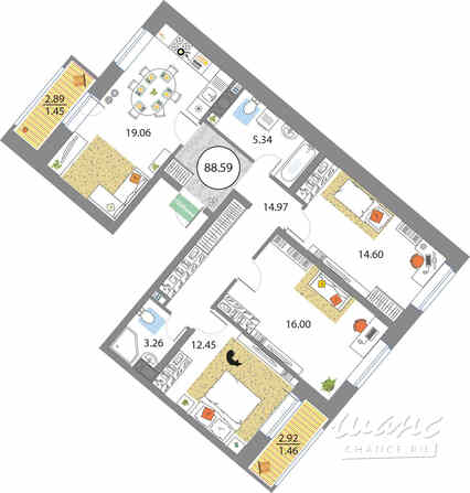 3-к квартира, 88.59 м², этаж 12/12 Санкт-Петербург - изображение 3