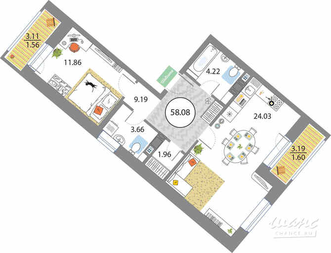 1-к квартира, 58.08 м², этаж 3/12 Санкт-Петербург - изображение 3