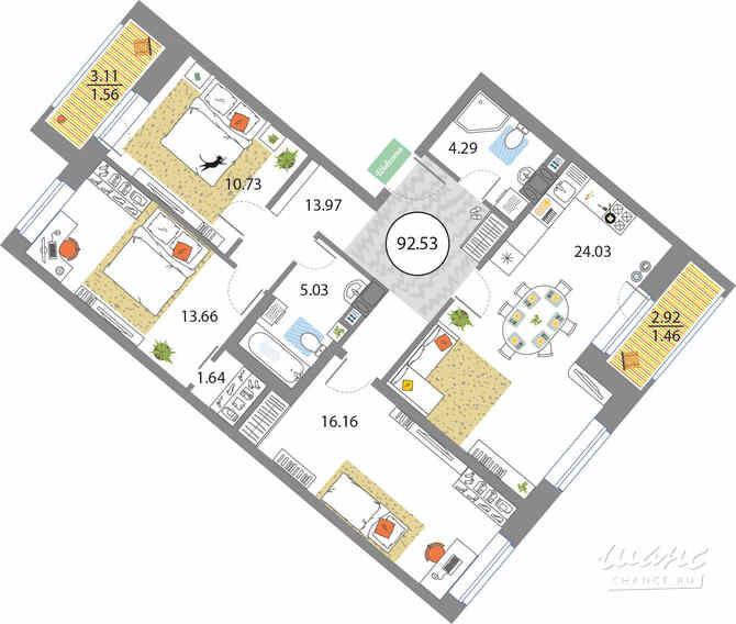 3-к квартира, 92.53 м², этаж 12/12 Санкт-Петербург - изображение 3