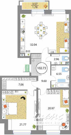 2-к квартира, 102.73 м², этаж 2/12 Санкт-Петербург - изображение 3