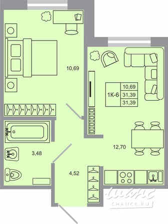 1-к квартира, 31.39 м², этаж 1/17 Бугры - изображение 1