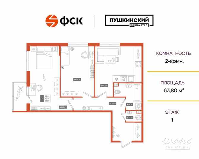 2-к квартира, 63.8 м², этаж 1/5 Пушкин - изображение 3