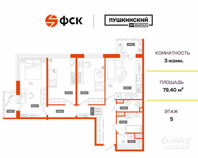 3-к квартира, 79.4 м², этаж 5/5 Пушкин - изображение 3