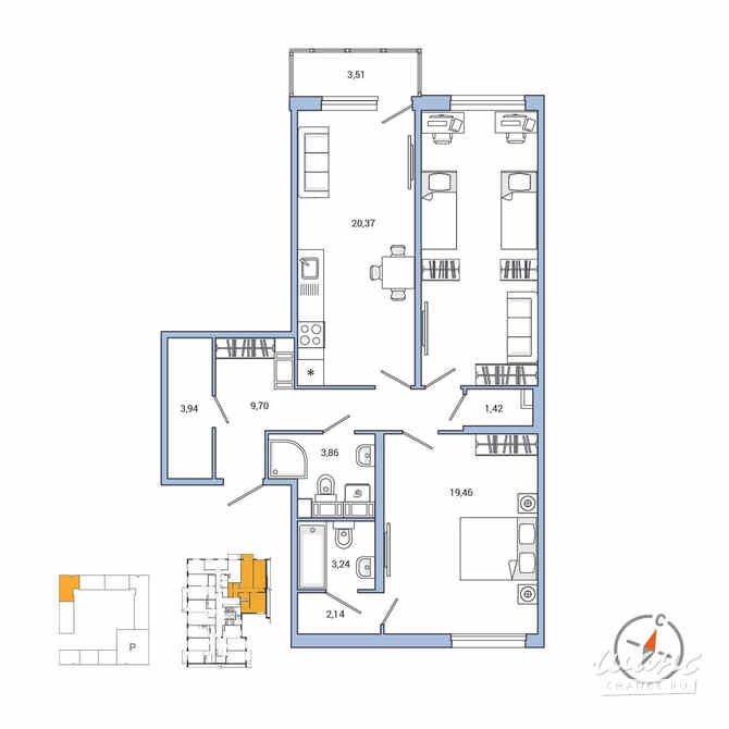 2-к квартира, 85.3 м², этаж 3/7 Санкт-Петербург - изображение 3