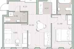 2-к квартира, 53.42 м², этаж 14/44