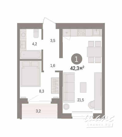 1-к квартира, 42.29 м², этаж 4/7 Тюмень - изображение 3