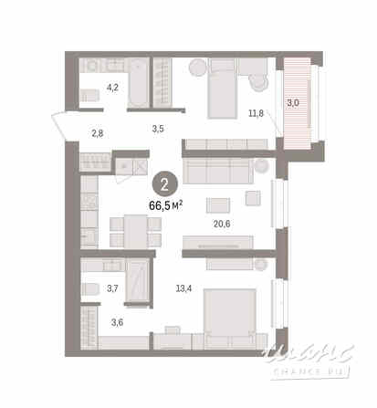 2-к квартира, 66.49 м², этаж 3/7 Тюмень - изображение 3