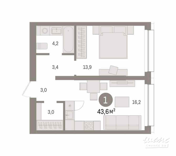 1-к квартира, 43.6 м², этаж 2/8 Тюмень - изображение 3