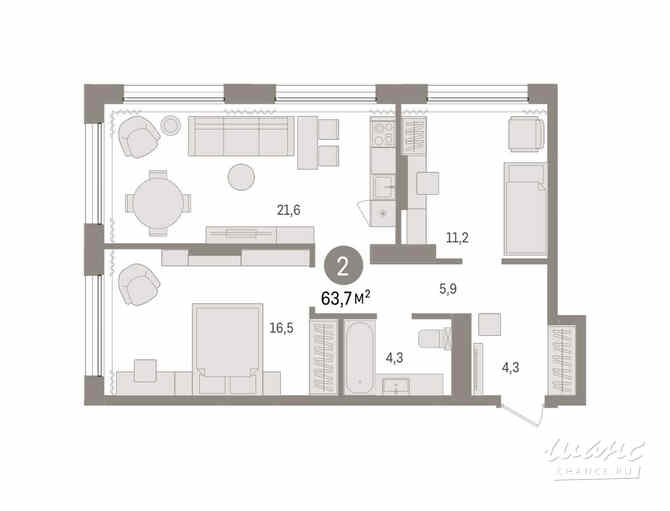 2-к квартира, 63.68 м², этаж 5/17 Тюмень - изображение 3