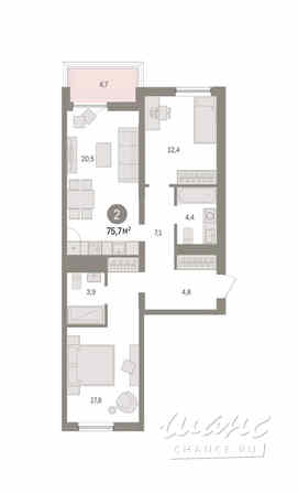 2-к квартира, 75.65 м², этаж 4/8 Тюмень - изображение 3