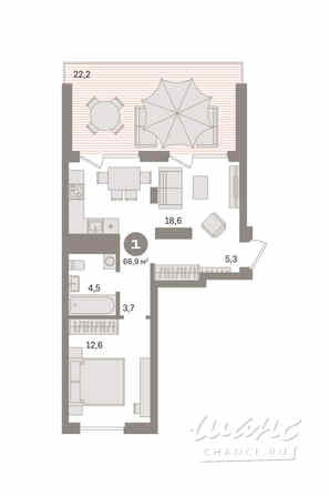 1-к квартира, 66.9 м², этаж 8/9 Екатеринбург - изображение 3
