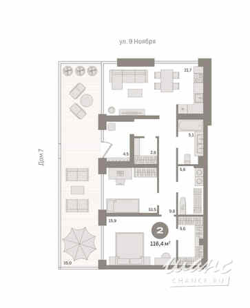 2-к квартира, 116.4 м², этаж 1/7 Новосибирск - изображение 3