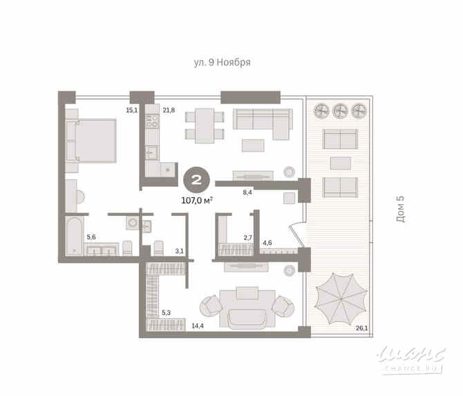 2-к квартира, 107.2 м², этаж 1/7 Новосибирск - изображение 3