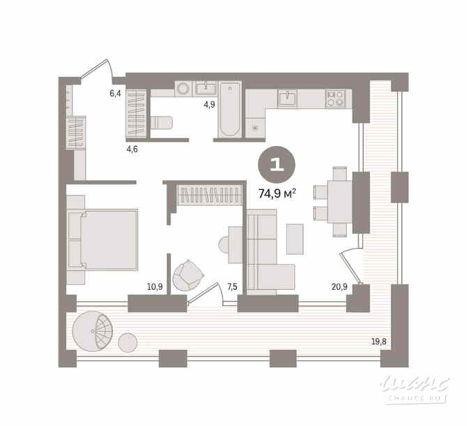 1-к квартира, 74.89 м², этаж 16/17 Новосибирск - изображение 3