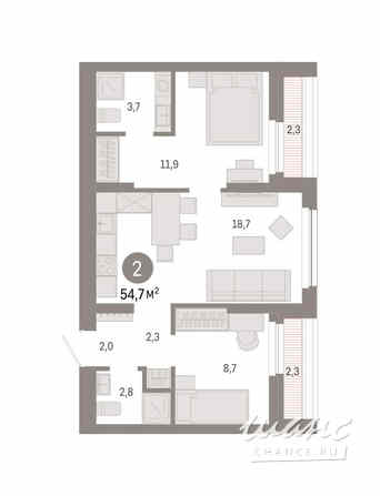2-к квартира, 54.7 м², этаж 2/12 Новосибирск - изображение 3