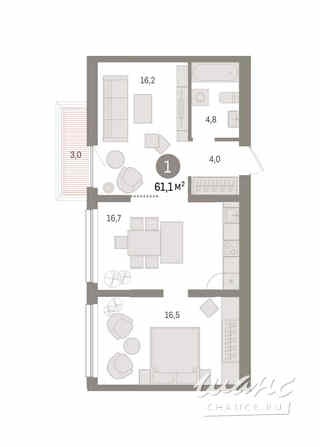 1-к квартира, 61.06 м², этаж 3/8 Тюмень - изображение 3