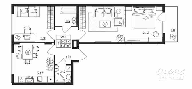 2-к квартира, 61.87 м², этаж 3/4 Выборг - изображение 3