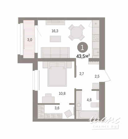 1-к квартира, 43.49 м², этаж 5/7 Тюмень - изображение 3