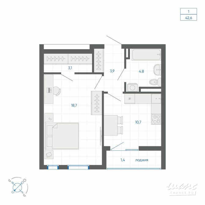 1-к квартира, 42.6 м², этаж 19/32 Екатеринбург - изображение 1