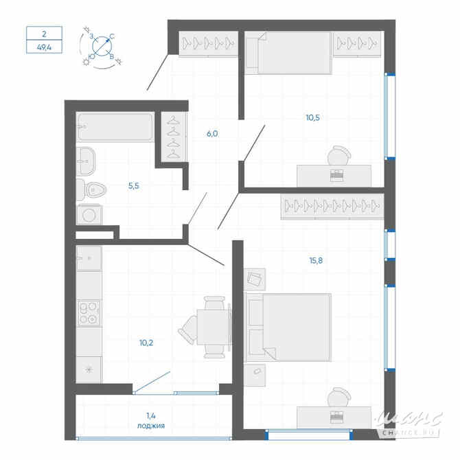 2-к квартира, 49.4 м², этаж 1/32 Екатеринбург - изображение 1