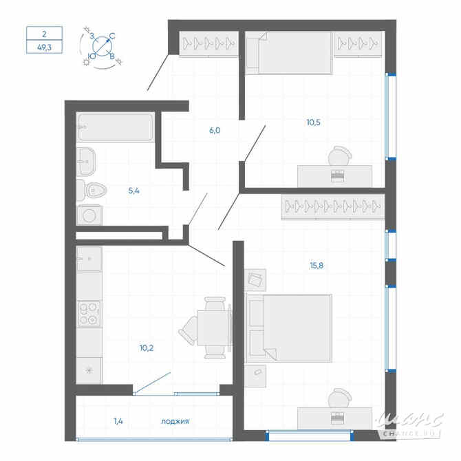 2-к квартира, 49.2 м², этаж 9/32 Екатеринбург - изображение 1