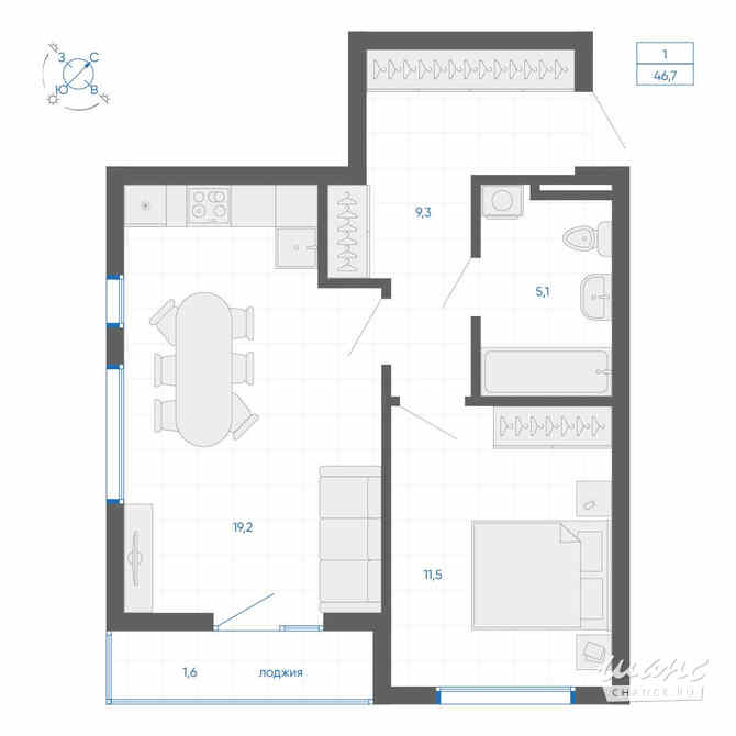 1-к квартира, 46.7 м², этаж 6/32 Екатеринбург - изображение 1
