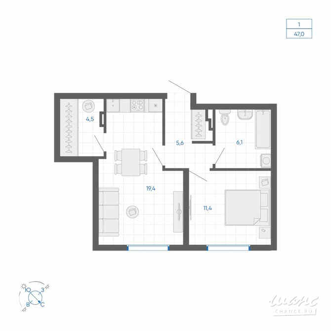 1-к квартира, 47 м², этаж 2/10 Екатеринбург - изображение 1