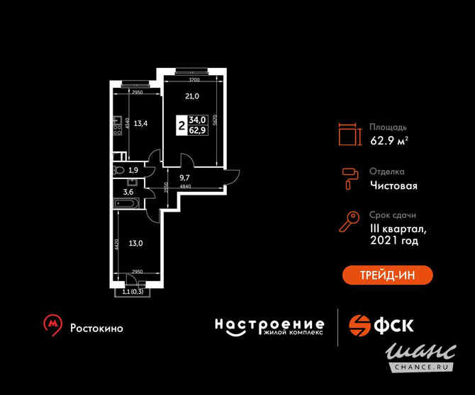 2-к квартира, 62.9 м², этаж 2/22 Москва - изображение 3