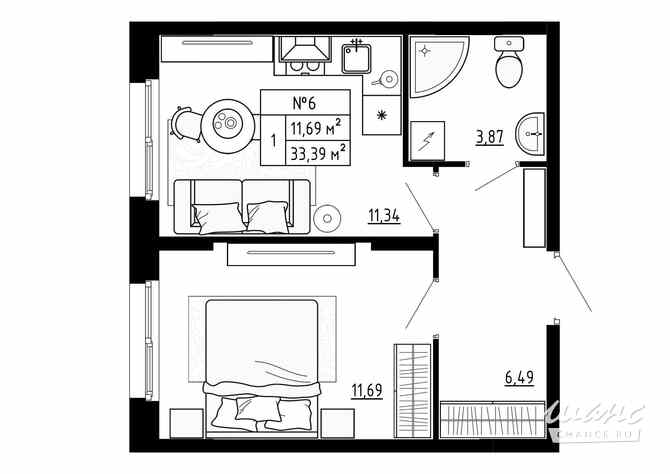 1-к квартира, 33.39 м², этаж 1/4 Ломоносов - изображение 3