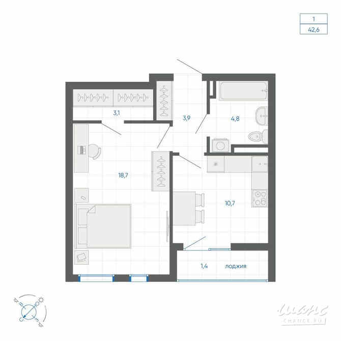 1-к квартира, 42.6 м², этаж 21/32 Екатеринбург - изображение 1