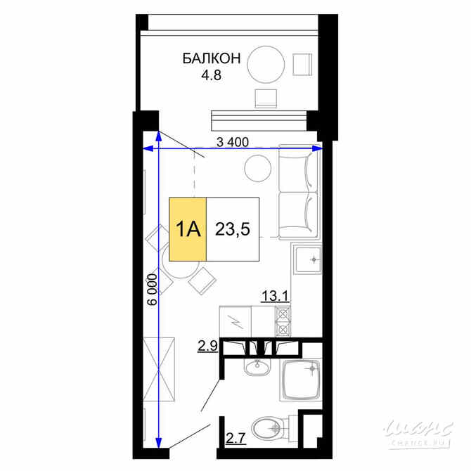 1-к квартира, 23.5 м², этаж 9/9 Анапа - изображение 3