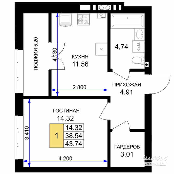 1-к квартира, 43.74 м², этаж 2/7 Гурьевск - изображение 3