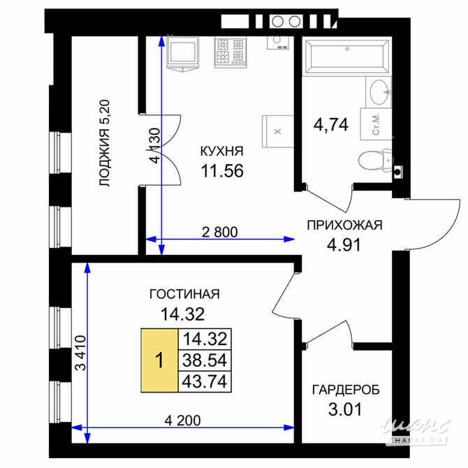 1-к квартира, 43.74 м², этаж 3/7 Гурьевск - изображение 3