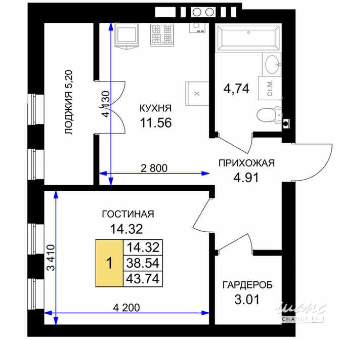 1-к квартира, 43.74 м², этаж 4/7 Гурьевск - изображение 3
