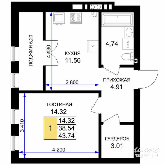 1-к квартира, 43.74 м², этаж 6/7 Гурьевск - изображение 3