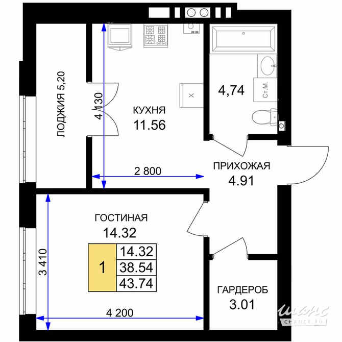 1-к квартира, 43.74 м², этаж 7/7 Гурьевск - изображение 3