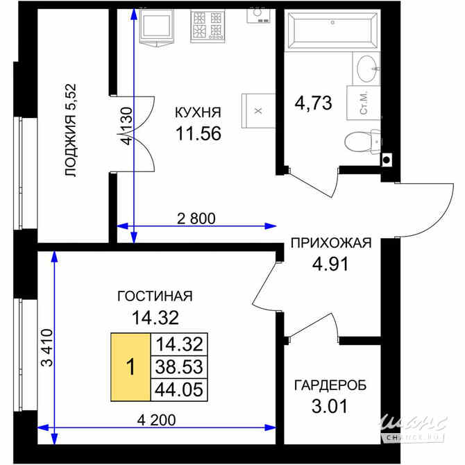 1-к квартира, 44.05 м², этаж 2/7 Гурьевск - изображение 3